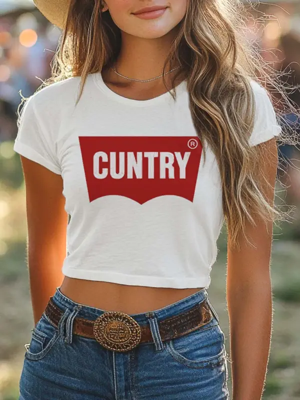 Women's Cuntry Western Cowboy Carter Print Cropped Short Sleeve T-Shirt Y2k Baby Tee - Simplyion.com 