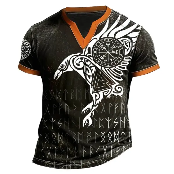 Men's Vintage Viking Eagle Print Color Block V-neck Short Sleeve T-Shirt Only $21.99 - Elementnice.com 