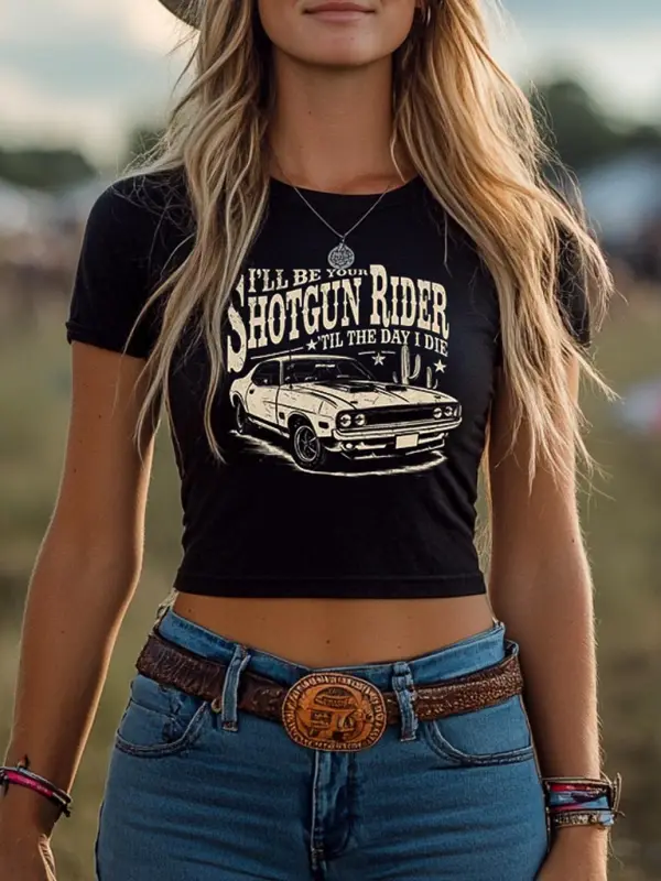 Women's I'll Be Your Rider Western Cowboy Carter Print Cropped Short Sleeve T-Shirt Y2k Baby Tee - Menwyx.com 
