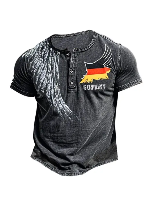 Men's Vintage German Flag Eagle Wings Print Henley Collar Short Sleeve T-Shirt - Aptkoi.com 