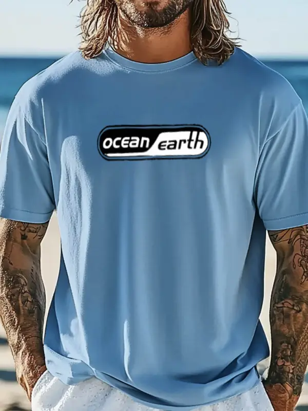 Men's Ocean Surf Print Crew Neck Short Sleeve T-Shirt - Menbarn.com 