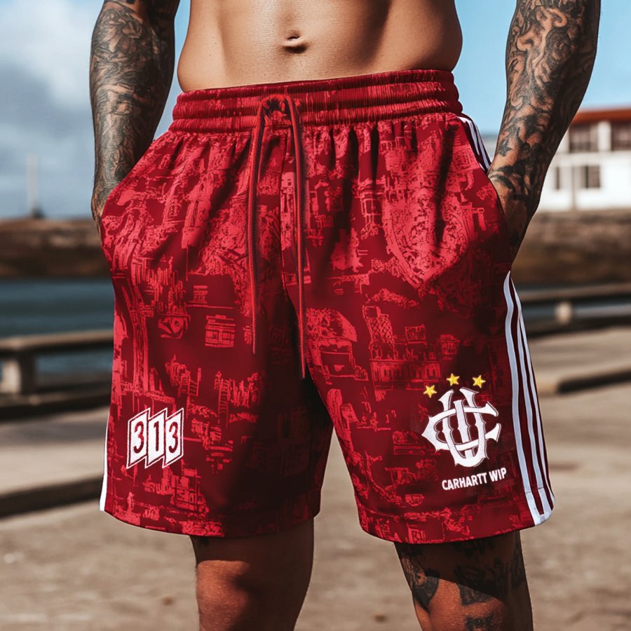

Men's Vintage Dark Red Football Short With White Stripes For Summer Outdoors