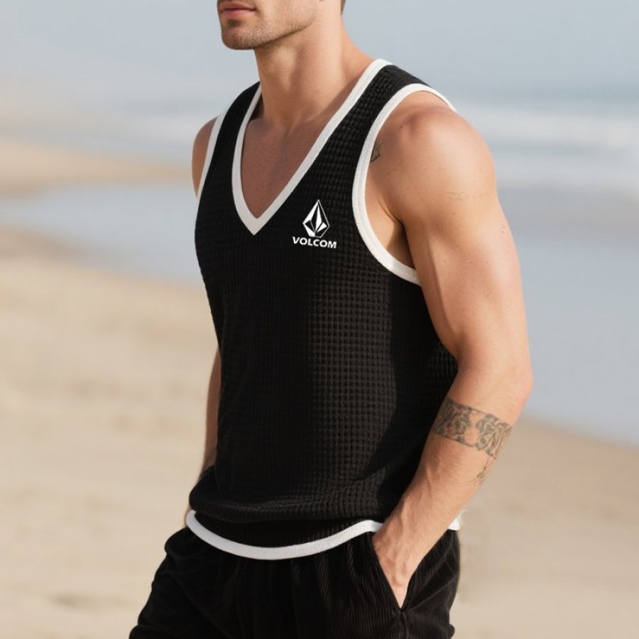 

Men's Waffle Surf White Cuffs Tank Top Vest Black