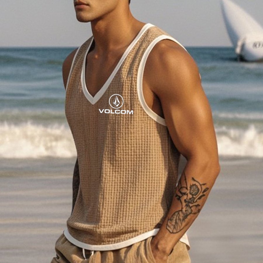 

Men's Vintage Casual Surf Waffle Vest Wih White Cuffs