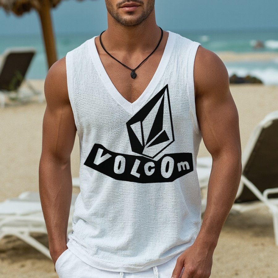

Men's Waffle Surf V-neck Sleeveless Vest With Logo Print White