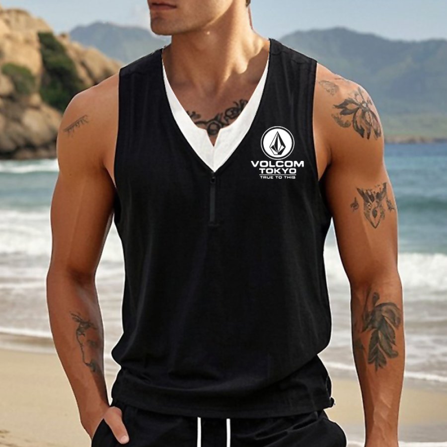 

Men's Sleeveless Vest With Zipper Double V-Neck And Logo Print Black