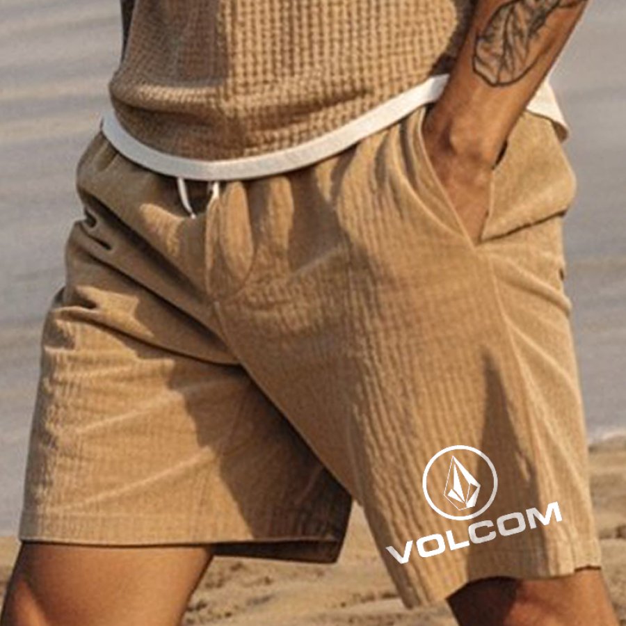 

Men's Vintage Surf Corduroy Casual Logo Print Shorts For Summer Beach Khaki