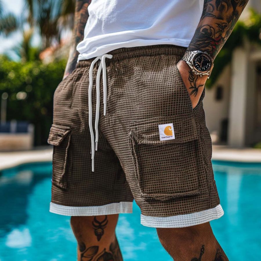 

Men's Vintage Surf Waffle Knit White Stitching Multi-Pocket Elastic Drawstring Cargo Shorts
