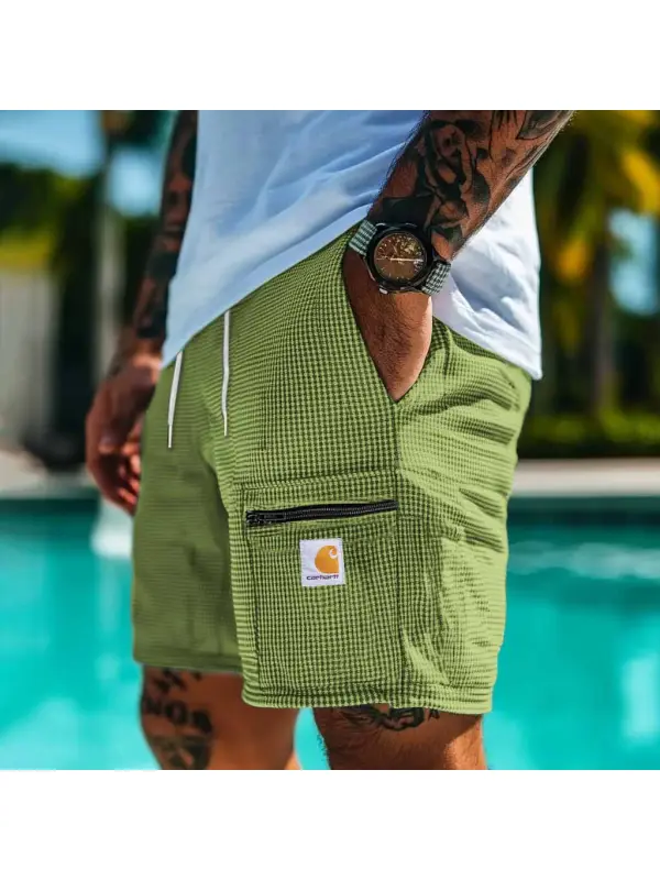 Men's Vintage Surf Waffle Knit Zipper Pocket Elastic Drawstring Avocado Green Shorts - Ootdmw.com 