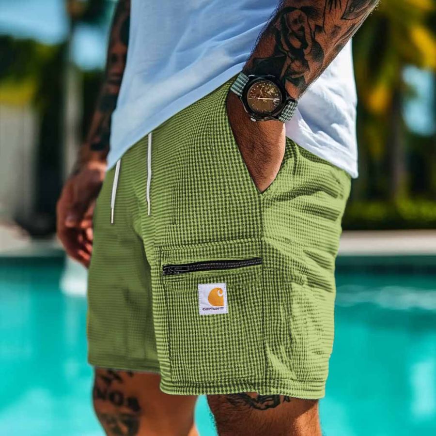 

Men's Vintage Surf Waffle Knit Zipper Pocket Elastic Drawstring Avocado Green Shorts