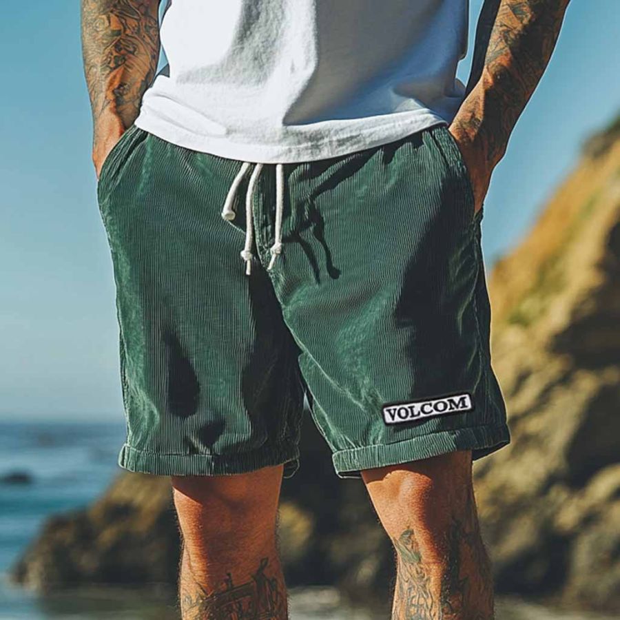 

Men's Vintage Corduroy Beach Elastic Drawstring Dark Green Surf Shorts