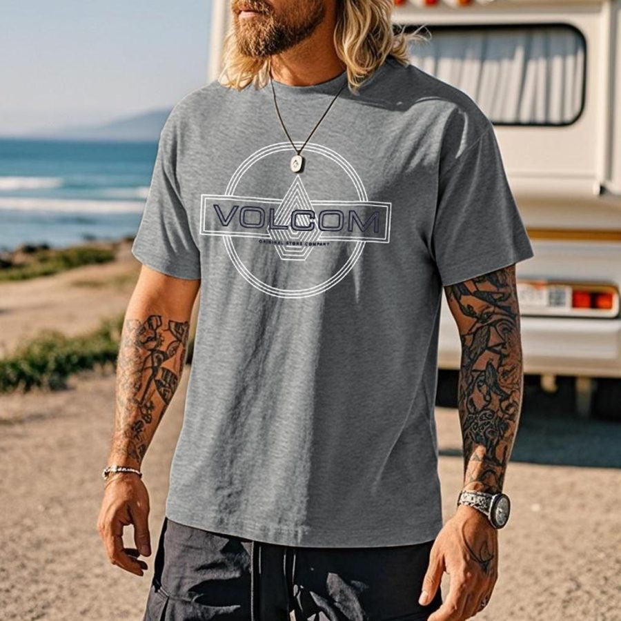 

Men's Vintage Surf Print Light Gray Crew Neck Short Sleeve T-Shirt