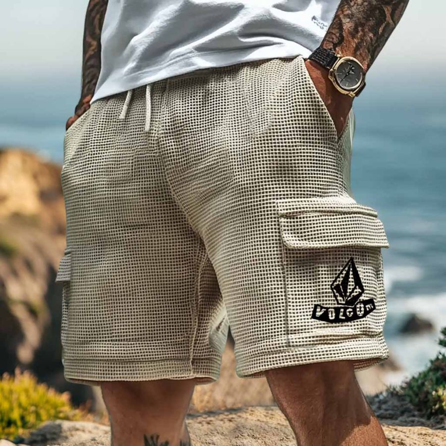 

Men's Vintage Waffle Knit Casual Elastic Drawstring Walkshort Khaki Surf Cargo Shorts