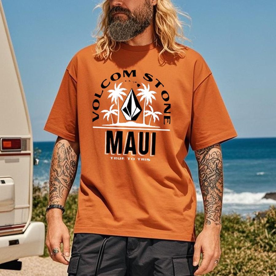 

Men's Vintage Surf Print Orange Beach Crew Neck Short Sleeve T-Shirt