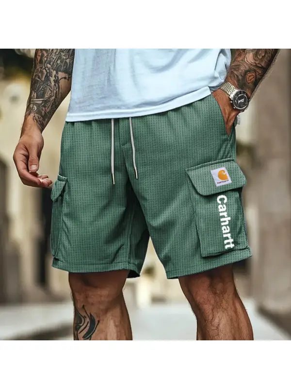 Men's Vintage Surf Waffle Knit Multi-Pocket Elastic Drawstring Cargo Shorts - Anrider.com 