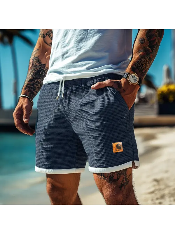 Men's Vintage Waffle Knit Surf Deep Blue Embroidery Elastic Drawstring Walkshort Shorts - Anrider.com 