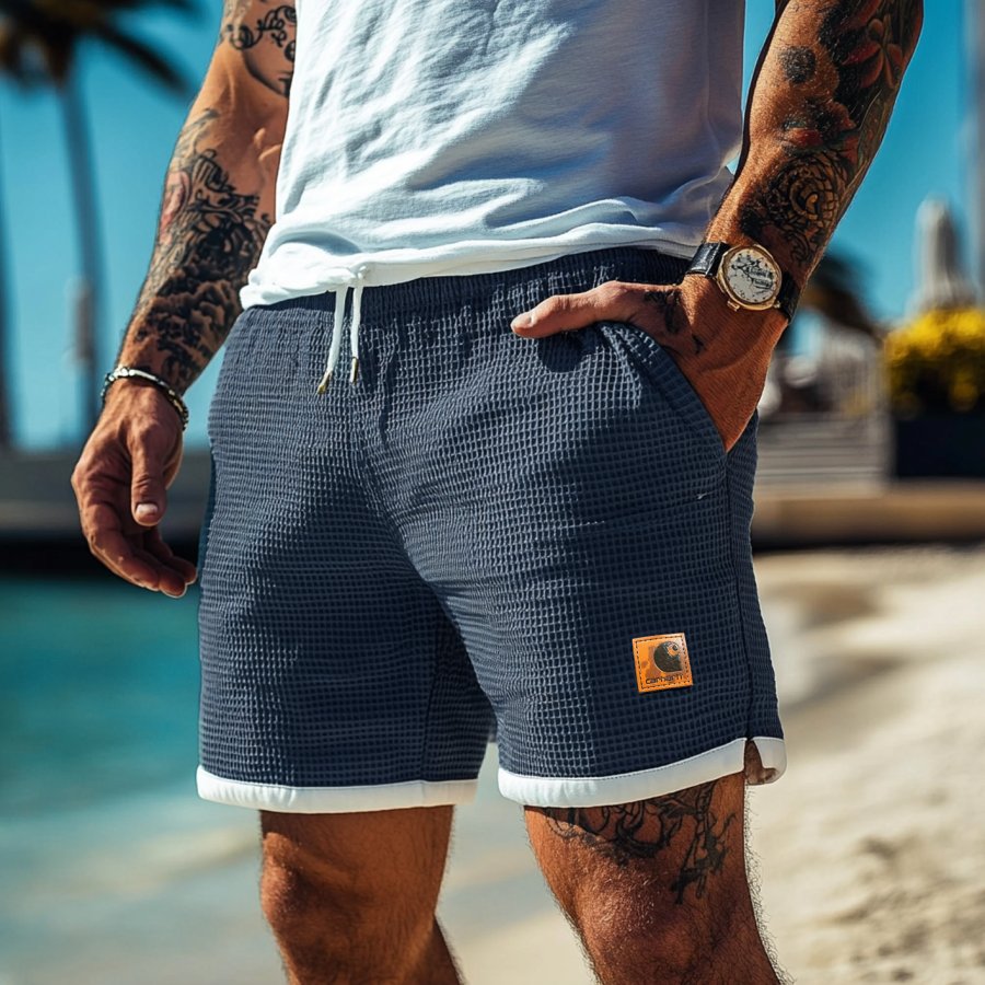 

Men's Vintage Waffle Knit Surf Deep Blue Embroidery Elastic Drawstring Walkshort Shorts