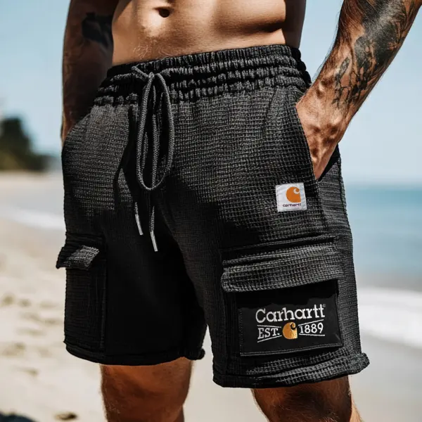 Men's Vintage Waffle Knit Multi-Pocket Casual Walkshort Workwear Elastic Cargo Shorts - Ootdyouth.com 