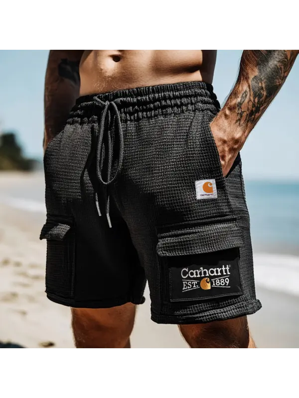 Men's Vintage Waffle Knit Multi-Pocket Casual Walkshort Workwear Elastic Cargo Shorts - Ootdmw.com 