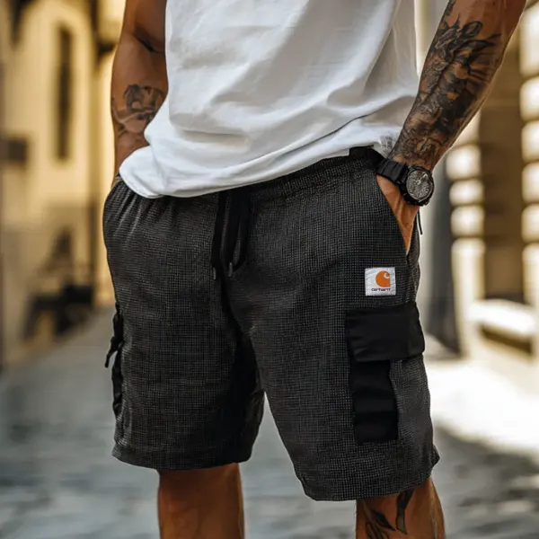Men's Casual Cotton Blend Houndstooth Patchwork Elastic Waist Drawstring Cargo Shorts - Wayrates.com 