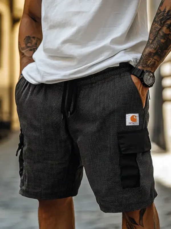 Carhartt Men's Casual Cotton Blend Houndstooth Patchwork Elastic Waist Drawstring Cargo Shorts - Simplyion.com 