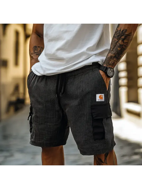 Men's Casual Cotton Blend Houndstooth Patchwork Elastic Waist Drawstring Cargo Shorts - Anrider.com 
