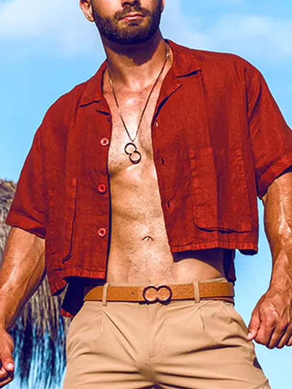 Stylish Cropped Short-Sleeve Shirt With Unique Necklace Design For Summer Outfits - Menbarn.com 