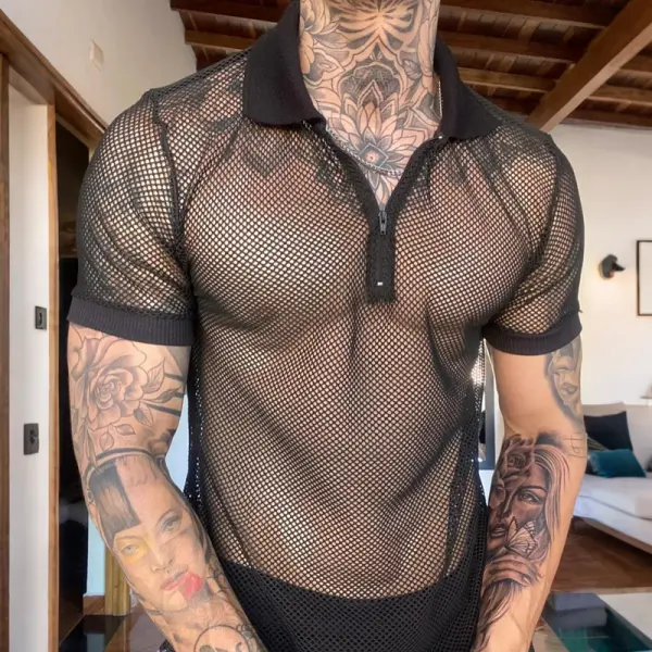 Stylish Mesh Polo Shirt With Unique Tattoo-Inspired Design - Wayrates.chimpone.com 