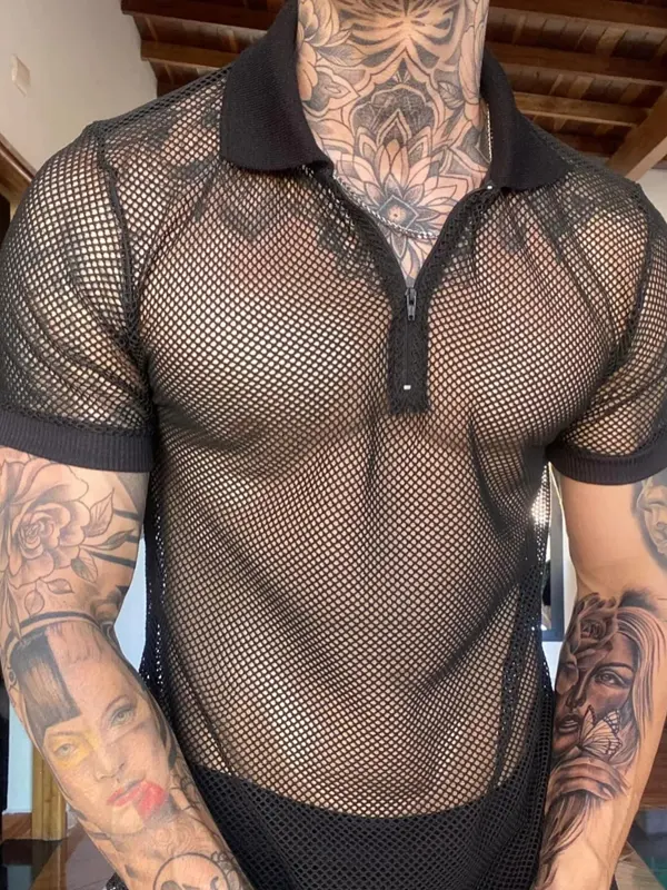 Stylish Mesh Polo Shirt With Unique Tattoo-Inspired Design - Menbarn.com 