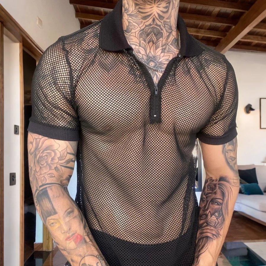 

Stylish Mesh Polo Shirt With Unique Tattoo-Inspired Design