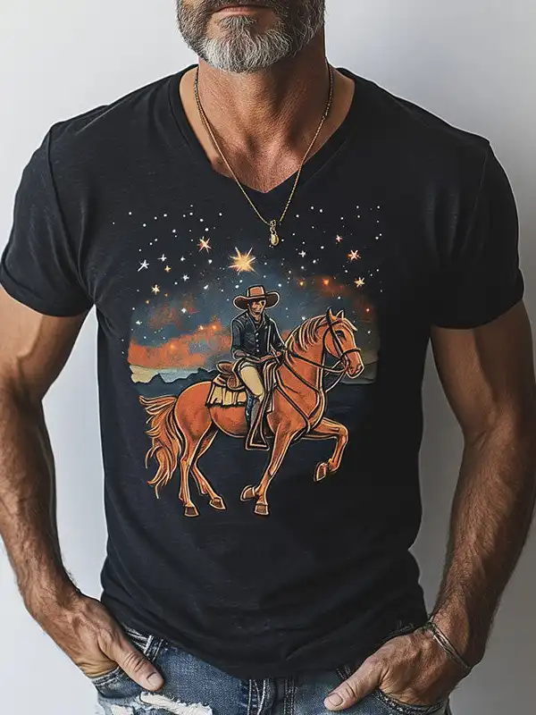 Men's Vintage Western Cowboy Riding Under The Stars Print V-neck Short Sleeve T-Shirt - Menbarn.com 