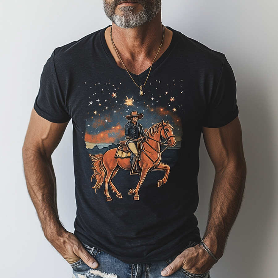 

Men's Vintage Western Cowboy Riding Under The Stars Print V-neck Short Sleeve T-Shirt