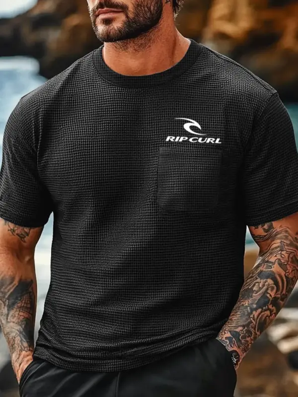Men's Vintage Waffle Knit Patch Pocket Surf Black Short Sleeve Crew Neck T-Shirt - Menbarn.com 