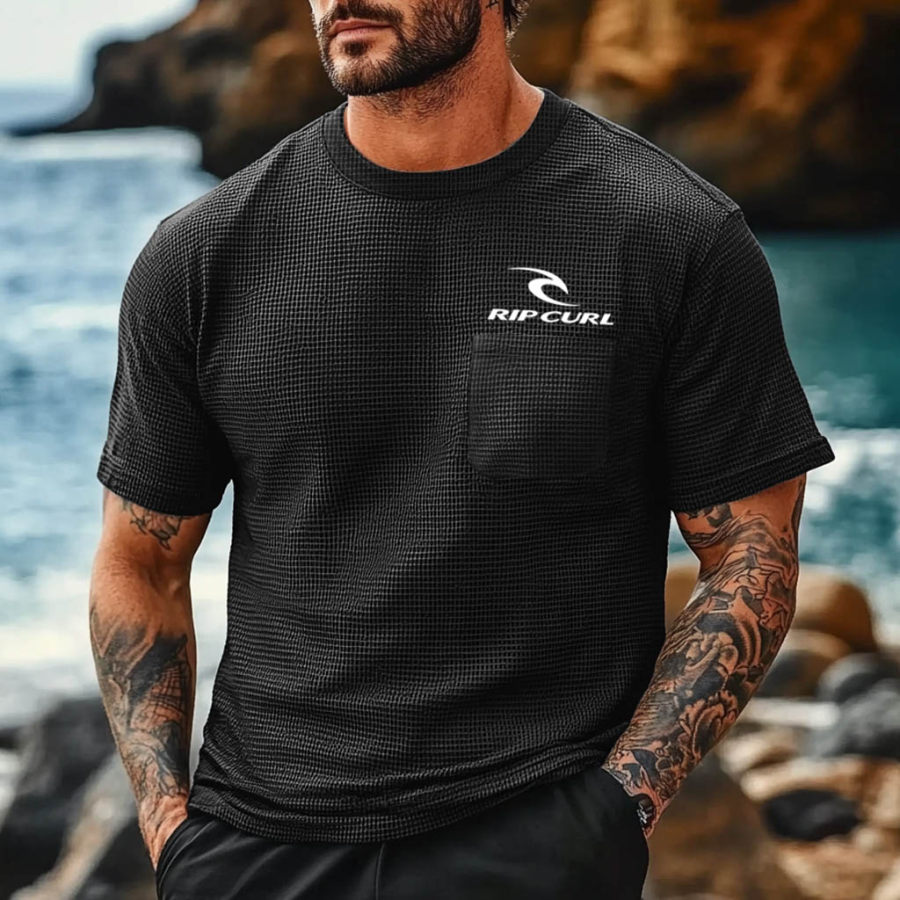 

Men's Vintage Waffle Knit Patch Pocket Surf Black Short Sleeve Crew Neck T-Shirt