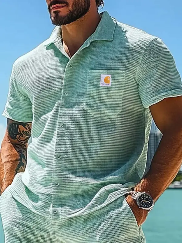 Men's Vintage Surf Waffle Knit Patch Pocket Short Sleeve Lapel Light Green Beach Shirt - Menbarn.com 