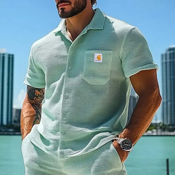 Men's Vintage Surf Waffle Knit Patch Pocket Short Sleeve Lapel Light Green Beach Shirt - Ootdyouth.com 