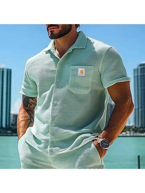 Men's Vintage Surf Waffle Knit Patch Pocket Short Sleeve Lapel Light Green Beach Shirt - Aptkoi.com 