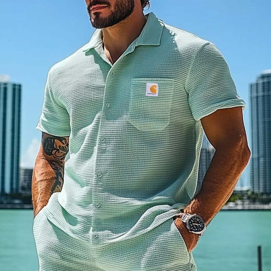 

Men's Vintage Surf Waffle Knit Patch Pocket Short Sleeve Lapel Light Green Beach Shirt