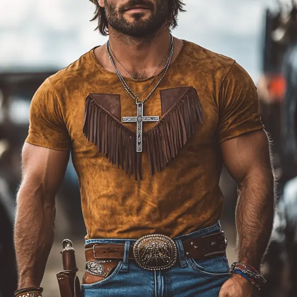 Men's Vintage Western Cowboy Suede Tassel Crew Neck Short Sleeve T-Shirt - Wayrates.com 