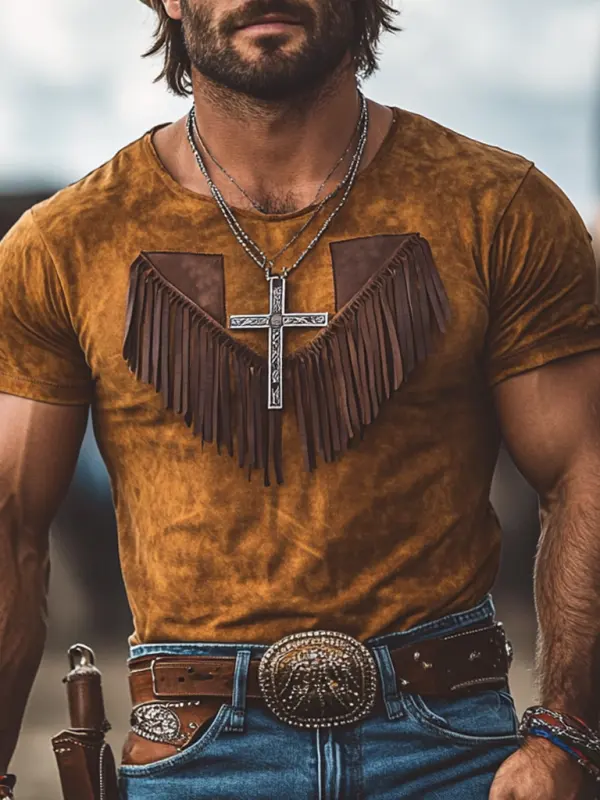 Men's Vintage Western Cowboy Suede Tassel Crew Neck Short Sleeve T-Shirt - Menbarn.com 