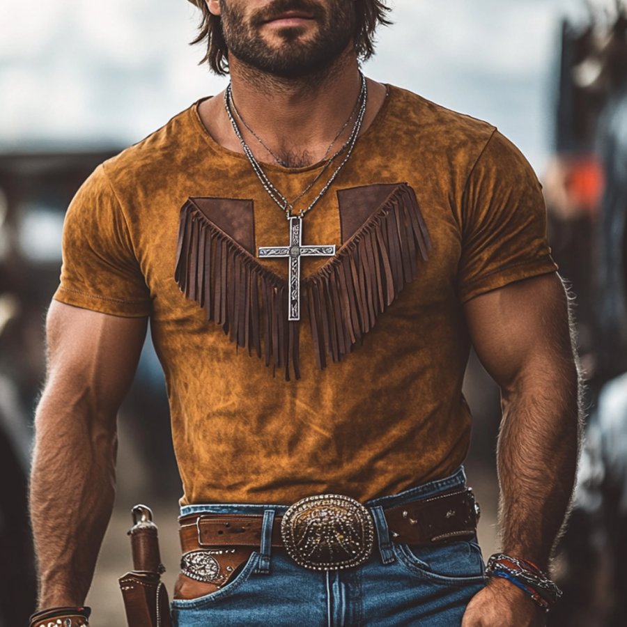 

Men's Vintage Western Cowboy Suede Tassel Crew Neck Short Sleeve T-Shirt
