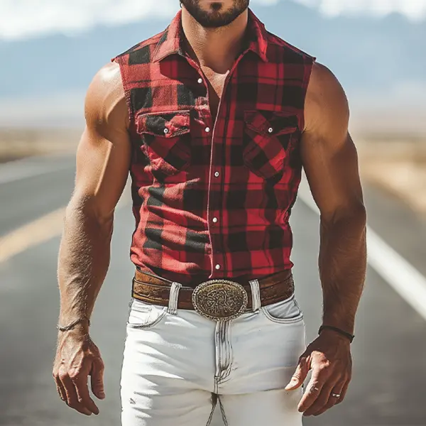 Men's Vintage Western Cowboy Red And Black Plaid Pocket Sleeveless Lapel Shirt - Wayrates.com 