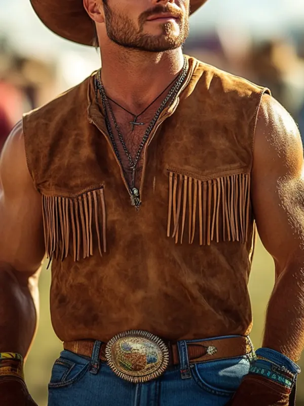 Men's Vintage Western Cowboy Suede Fringe V-Neck Tank Top - Pragmaace.com 