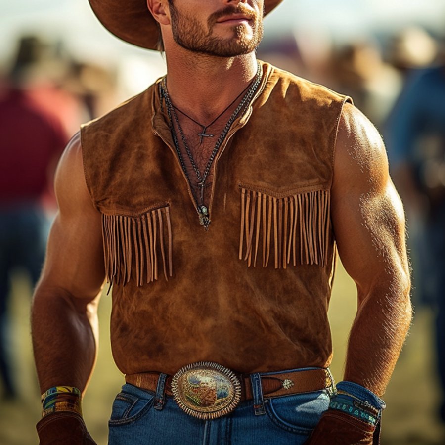 

Men's Vintage Western Cowboy Suede Fringe V-Neck Tank Top