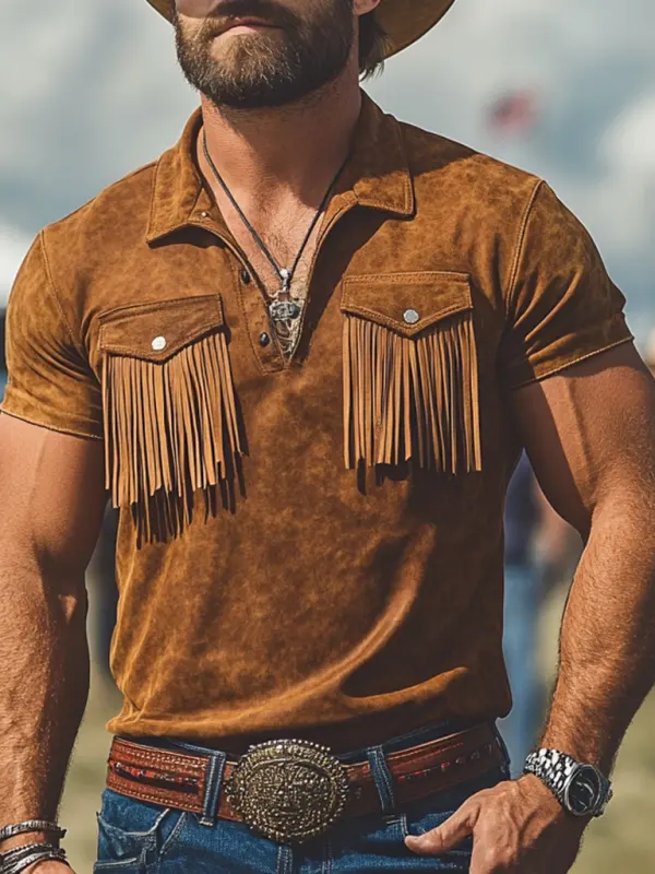 Men's Vintage Western Cowboy Suede Tassel Polo Collar Short Sleeve T-Shirt - Menbarn.com 