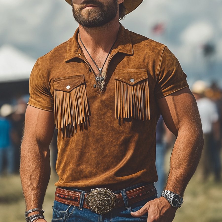 

Men's Vintage Western Cowboy Suede Tassel Polo Collar Short Sleeve T-Shirt