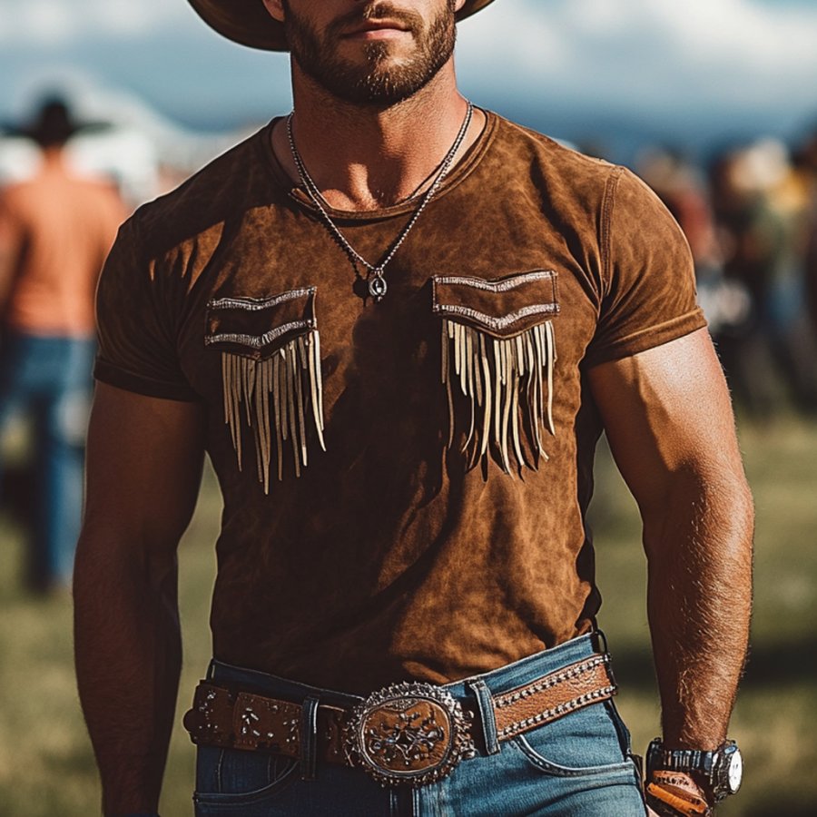 

Men's Vintage Western Cowboy Suede Tassel Crew Neck Short Sleeve T-Shirt