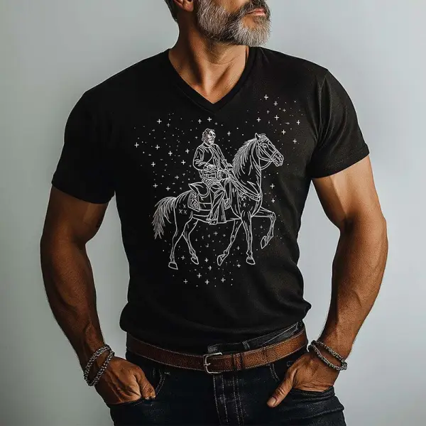 Men's Vintage Western Cowboy Riding Under The Stars Print V-Neck Short Sleeve T-Shirt - Wayrates.com 