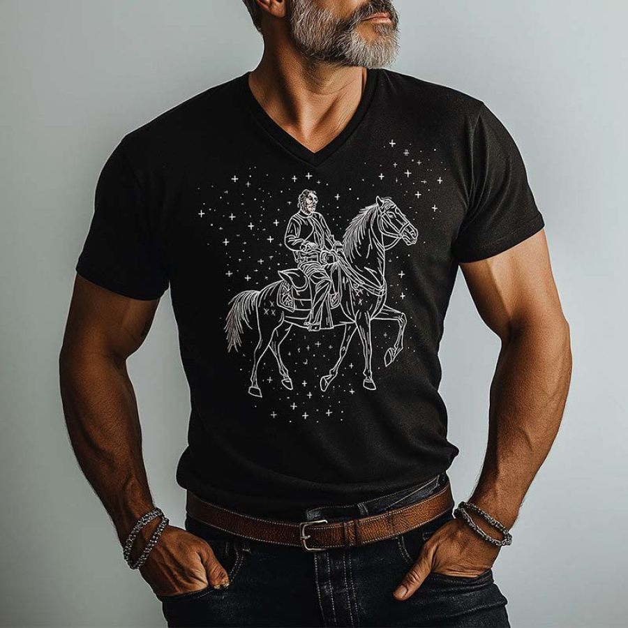 

Men's Vintage Western Cowboy Riding Under The Stars Print V-Neck Short Sleeve T-Shirt