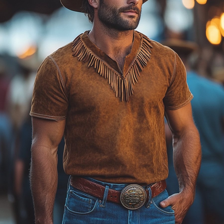 

Men's Vintage Western Cowboy Suede Tassel V-Neck Short Sleeve T-Shirt
